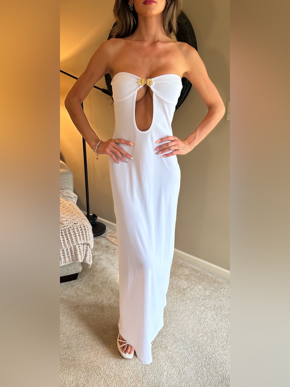 White Cutout Maxi Dress with Gold Accent